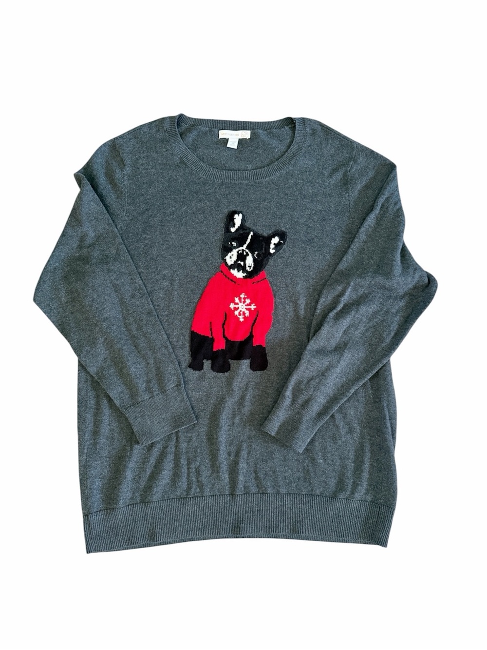 Gray Women’s Crewneck Sweater with Black Pug Dog Motif in Red Sweater